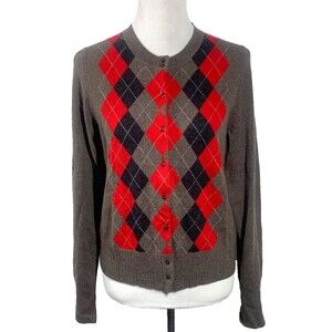 J. Crew Argyle Cardigan Sweater Womens Size L Brown Red 100% Cashmere Y2K